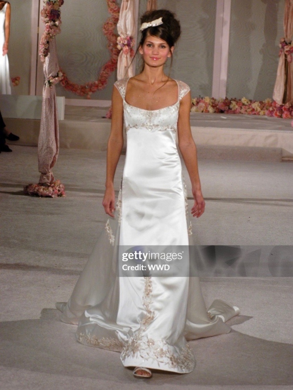 Reem Acra Ivory Satin Bridal Gown with Gold Embroidery and Long Train - Picture 17 of 17